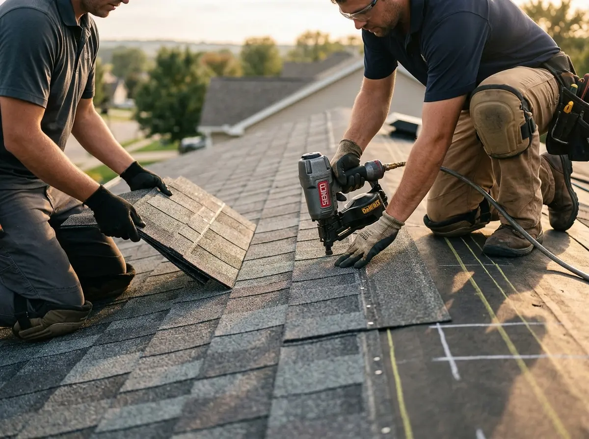 Professional roofer working on a residential roof in Southbridge Town